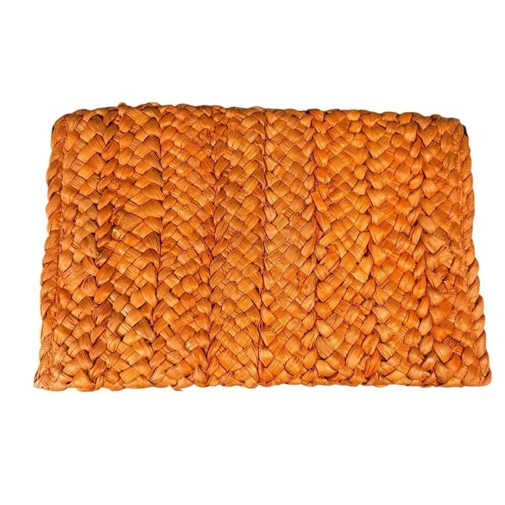 Boho Chic Orange Woven Straw Rattan Clutch Crystal Bee Brooch Handbag 7x11